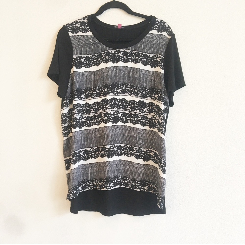Vince Camuto Lace Print Blouse Black White  High Low Semi Sheer Size Xl